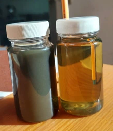 Aceite industrial con contaminación severa vs aceite filtrado - Hubame